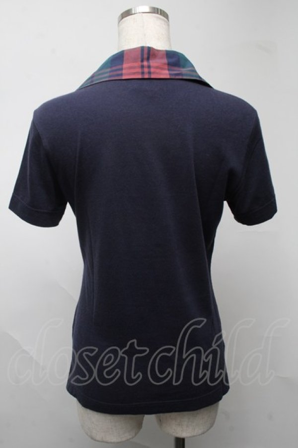 画像2: ヴィヴィアンウエストウッド 中古 / 単色オーブ刺繍&チェック襟ポロカットソー 2 紺  S-25-07-13-020-to-SZ-ZY (2)