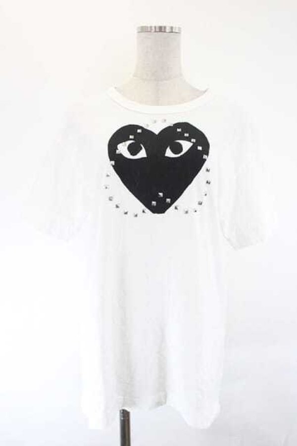 画像1: COMME des GARCONS / ブラックハートスタッズハーフスリーブＴシャツ M 白Ｘ黒 I-26-07-29-005-to-SA-ZI (1)