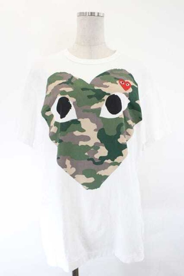 画像1: COMME des GARCONS / プリンテッドカモハートＴシャツ L 白ＸカーキＸ赤 I-26-07-29-006-to-SA-ZI (1)
