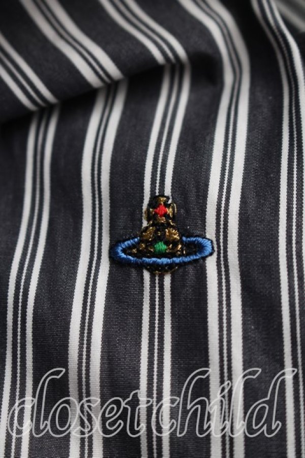 画像5: ヴィヴィアンウエストウッド 中古 / カラーオーブ刺繍ストライプシャツ 40（メンズL相当） 黒ｘ灰  H-26-07-12-012-bl-OD-ZH (5)