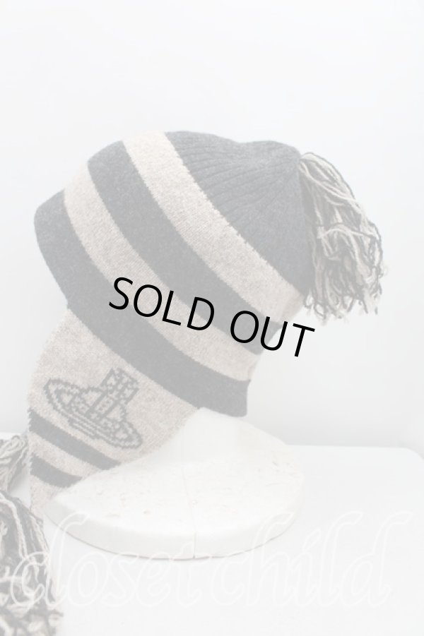 画像2: ヴィヴィアンウエストウッド 中古 / フリンジボーダーニット帽  ベージュ×灰  H-25-07-20-111-gd-IN-ZH (2)