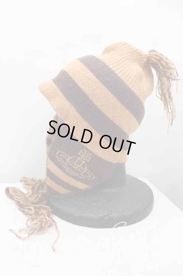 画像2: ヴィヴィアンウエストウッド 中古 / フリンジボーダーニット帽  茶  H-25-09-28-065-ha-IN-ZH (2)