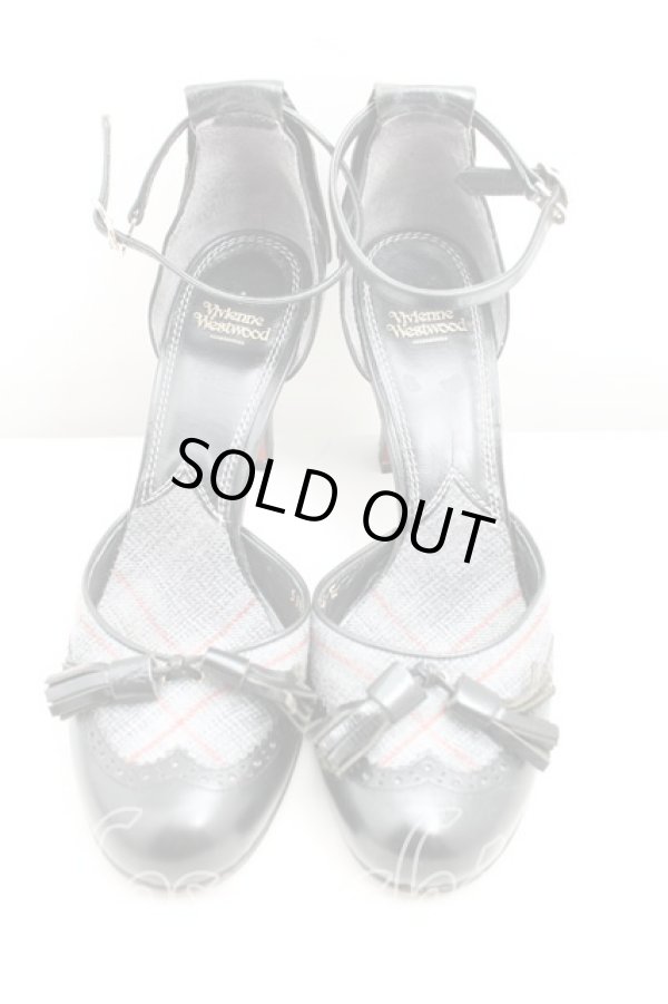 画像2: ヴィヴィアンウエストウッド 中古 / タータンチェックタッセルパンプス 38（24cm） 黒ｘ灰  H-25-09-28-072-sh-OD-ZH (2)