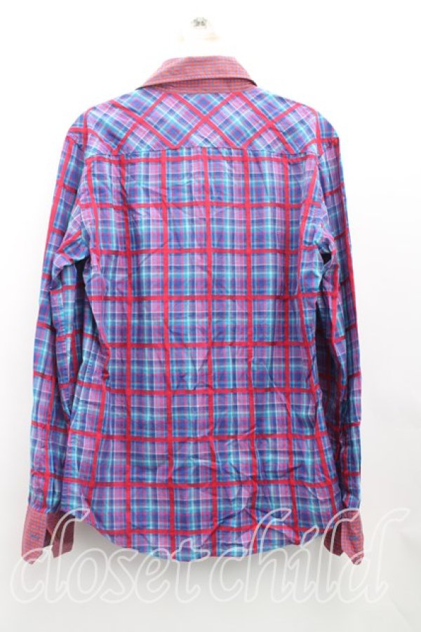 画像2: ヴィヴィアンウエストウッド MAN 中古 / タータンチェック高襟シャツ 46（メンズM相当） 青ｘ赤  H-25-10-12-066-bl-OD-ZH (2)