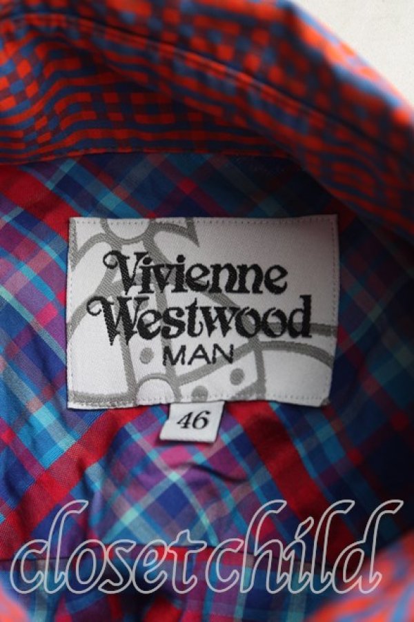 画像3: ヴィヴィアンウエストウッド MAN 中古 / タータンチェック高襟シャツ 46（メンズM相当） 青ｘ赤  H-25-10-12-066-bl-OD-ZH (3)