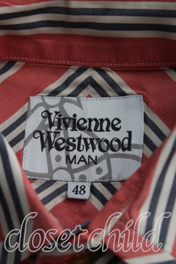 画像3: ヴィヴィアンウエストウッド MAN 中古 / オーブ刺繍ストライプシャツ 48（メンズL相当） 赤  H-25-10-19-039-bl-OD-ZH (3)