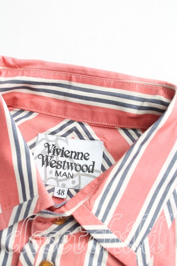 画像6: ヴィヴィアンウエストウッド MAN 中古 / オーブ刺繍ストライプシャツ 48（メンズL相当） 赤  H-25-10-19-039-bl-OD-ZH (6)