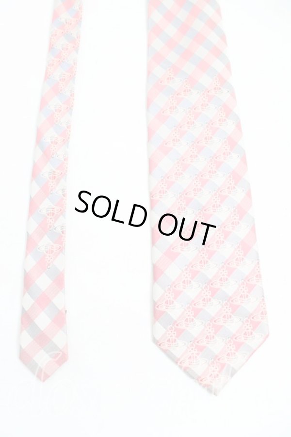 画像2: ヴィヴィアンウエストウッド MAN 中古 / オーブ総柄レジメンタルチェックネクタイ  赤ｘシルバー  H-25-10-19-116-gd-OD-ZH (2)