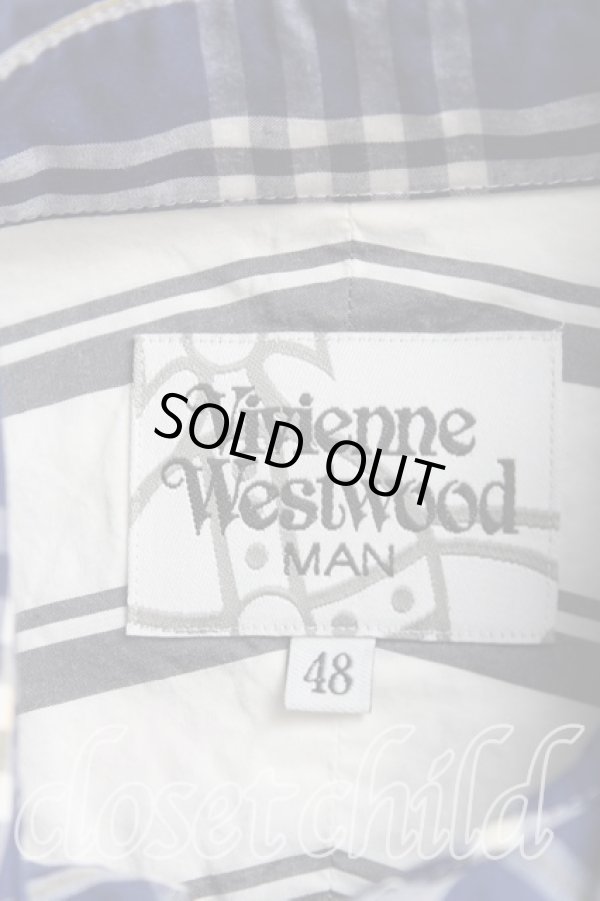 画像3: ヴィヴィアンウエストウッド MAN 中古 / タータンチェック切替アシメシャツ 48（メンズL相当） 青ｘ白  H-25-10-19-014-bl-OD-ZH (3)