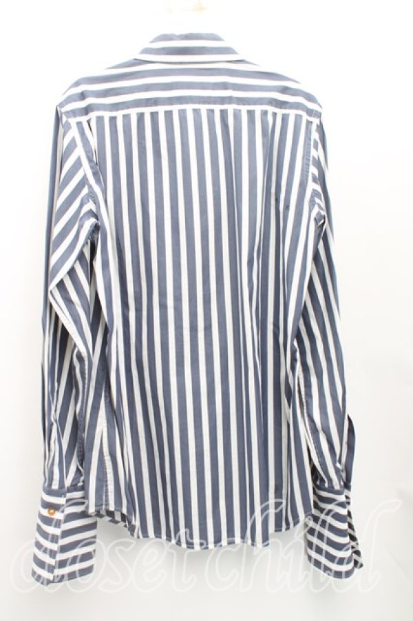 画像2: ヴィヴィアンウエストウッド MAN 中古 / カラーオーブ刺繍ストライプシャツ I(メンズS相当） 紺ｘ白  H-25-10-19-015-bl-OD-ZH (2)