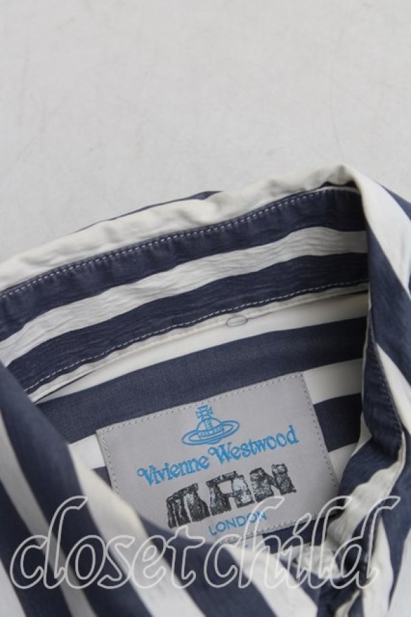 画像7: ヴィヴィアンウエストウッド MAN 中古 / カラーオーブ刺繍ストライプシャツ I(メンズS相当） 紺ｘ白  H-25-10-19-015-bl-OD-ZH (7)
