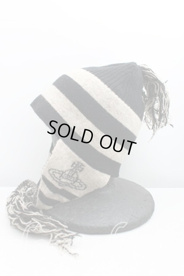 画像2: ヴィヴィアンウエストウッド 中古 / ポンポン付ボーダーニット帽  茶×黒  H-25-10-26-039-ha-IN-ZH (2)