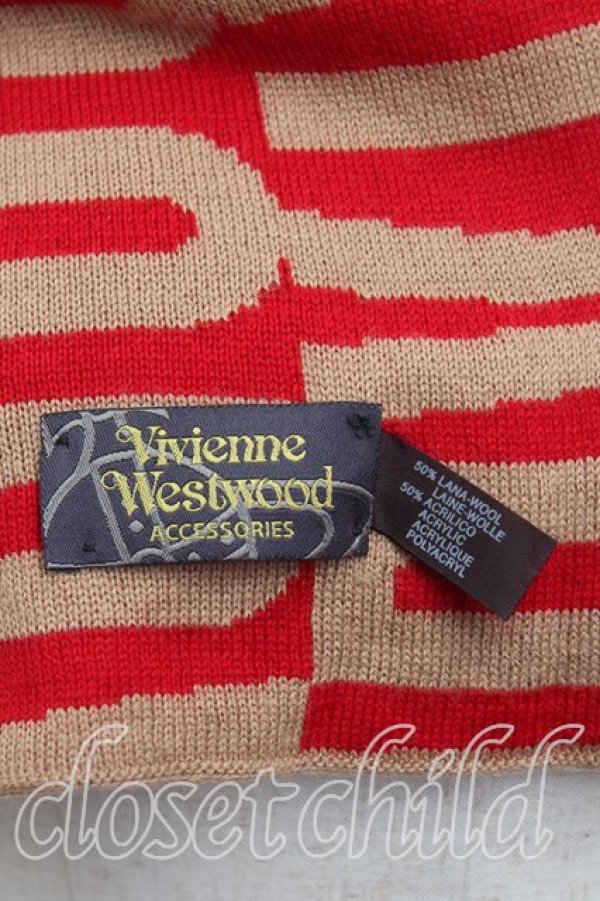 画像2: ヴィヴィアンウエストウッド 中古 / ロゴ刺繍マフラー  ベージュx赤  H-25-10-26-052-gd-OD-ZH (2)