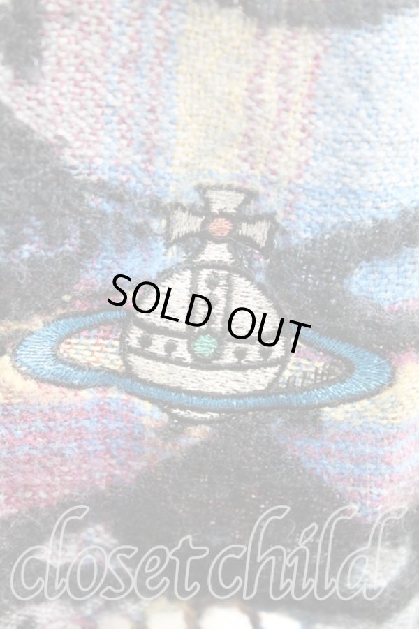 画像2: ヴィヴィアンウエストウッド 中古 / オーブ刺繍チェックマフラー  黒x青  H-25-10-26-053-gd-OD-ZH (2)