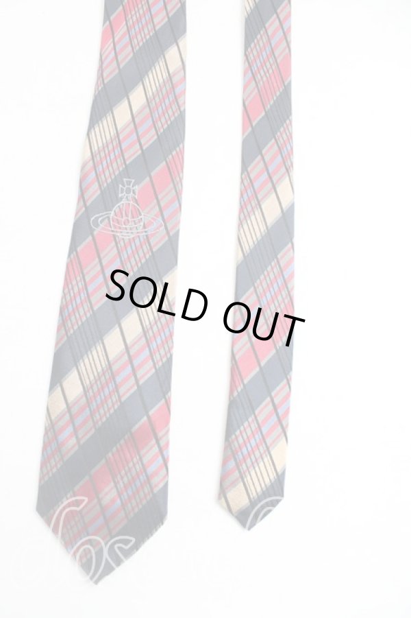 画像2: ヴィヴィアンウエストウッド MAN 中古 / オーブ刺繍レジメンタルチェックナロータイ  紺x赤x灰  H-25-10-26-072-gd-OD-ZH (2)