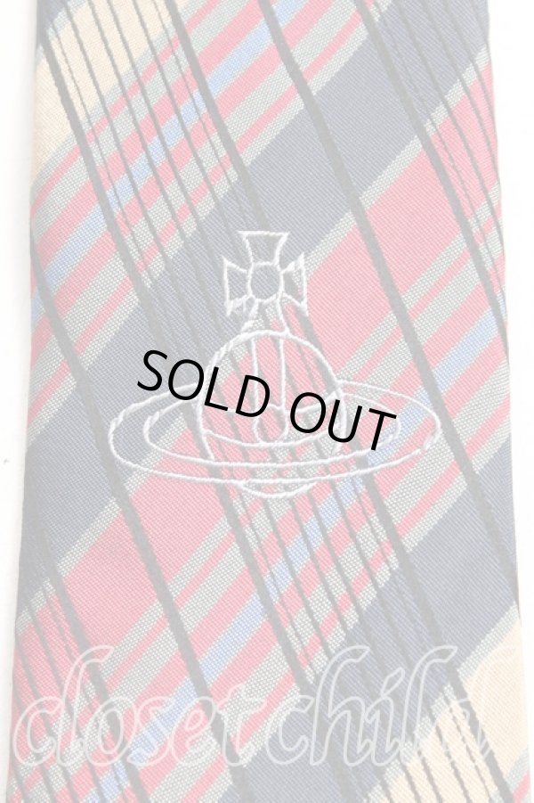 画像4: ヴィヴィアンウエストウッド MAN 中古 / オーブ刺繍レジメンタルチェックナロータイ  紺x赤x灰  H-25-10-26-072-gd-OD-ZH (4)