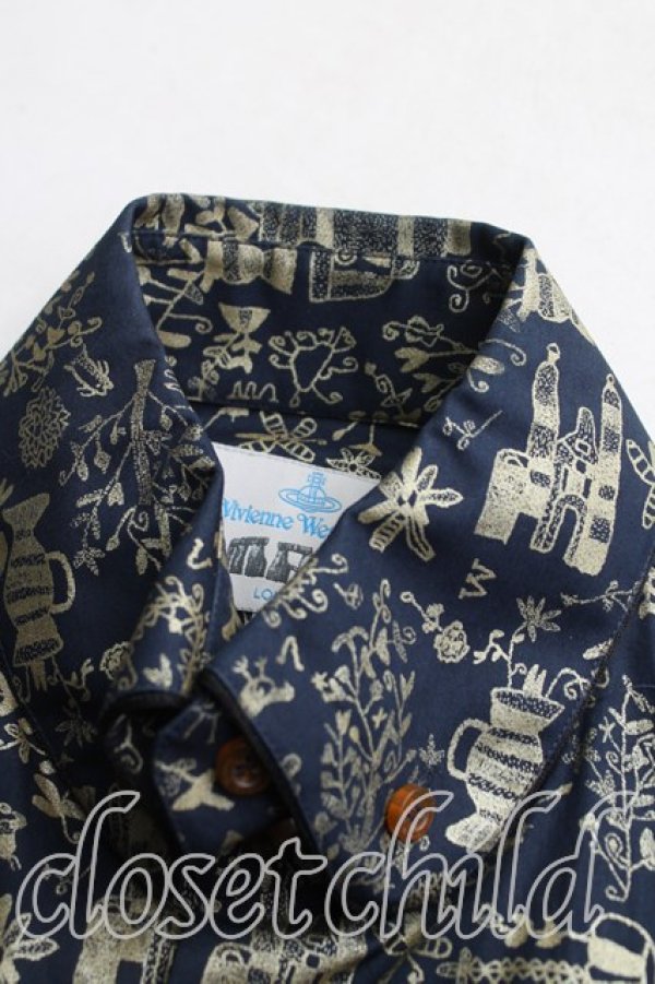 画像6: ヴィヴィアンウエストウッド 中古 / 総柄高襟シャツ II(メンズM) 紺  H-25-10-26-010-bl-OD-ZH (6)