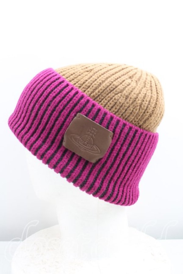 画像2: ヴィヴィアンウエストウッド 中古 / バイカラーニット帽  茶×紫  H-25-11-02-074-ha-IN-ZH (2)