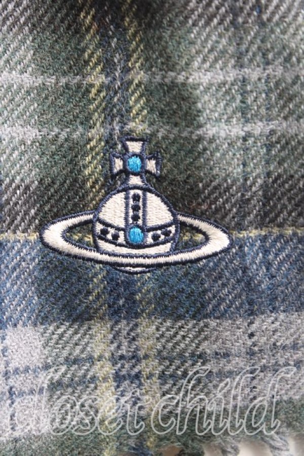 画像2: ヴィヴィアンウエストウッド 中古 / オーブ刺繍タータンチェックウールマフラー  青  H-25-11-02-079-gd-IN-ZH (2)