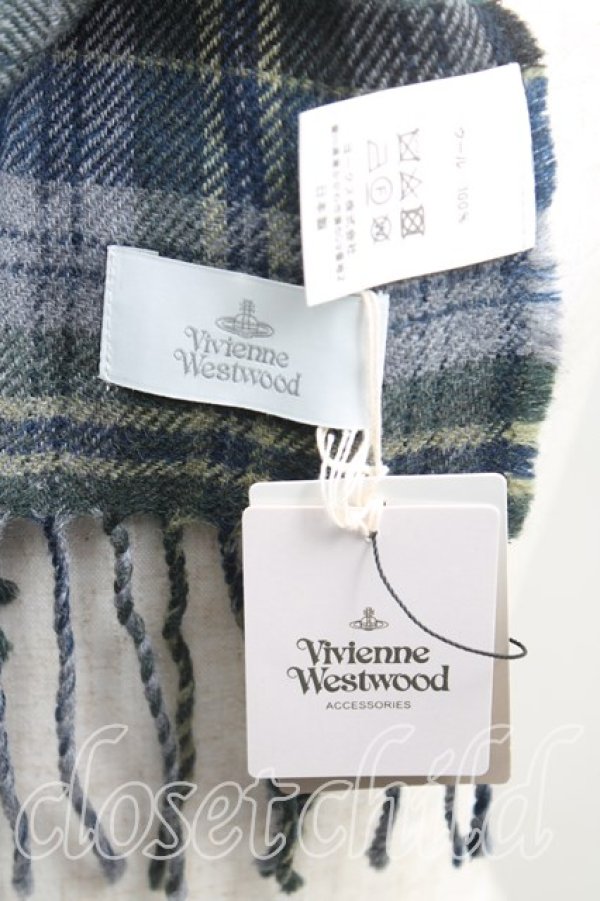 画像3: ヴィヴィアンウエストウッド 中古 / オーブ刺繍タータンチェックウールマフラー  青  H-25-11-02-079-gd-IN-ZH (3)