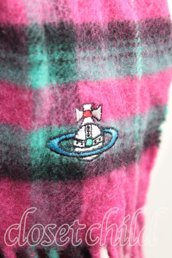 画像2: ヴィヴィアンウエストウッド 中古 / カラーオーブ刺繍タータンチェックマフラー  ピンク  H-25-11-02-080-gd-OD-ZH (2)