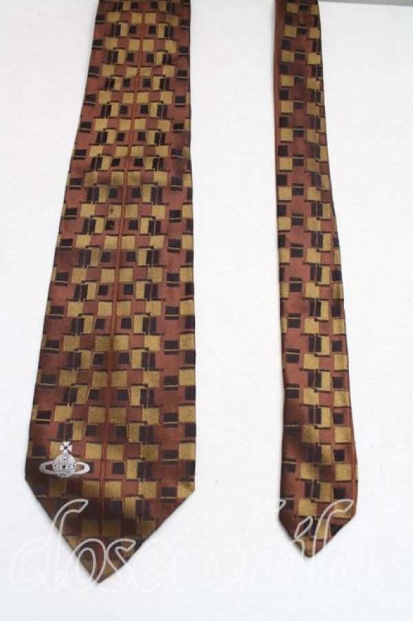 画像2: ヴィヴィアンウエストウッド MAN 中古 / オーブ刺繍ブロックチェックネクタイ  茶  H-25-11-09-030-gd-OD-ZH (2)