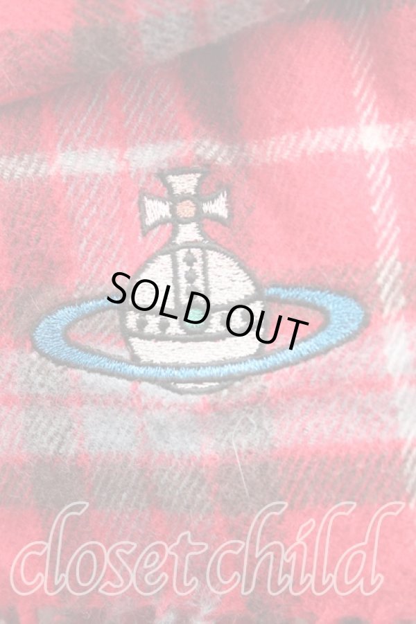 画像2: ヴィヴィアンウエストウッド 中古 / オーブ刺繍タータンチェックマフラー  赤  H-25-11-09-036-gd-OD-ZH (2)