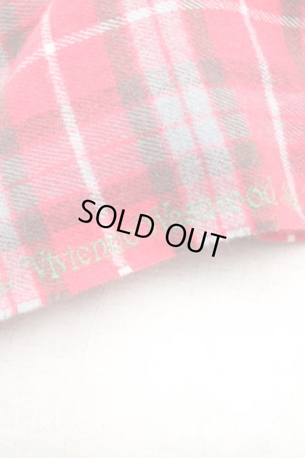 画像3: ヴィヴィアンウエストウッド 中古 / オーブ刺繍タータンチェックマフラー  赤  H-25-11-09-036-gd-OD-ZH (3)