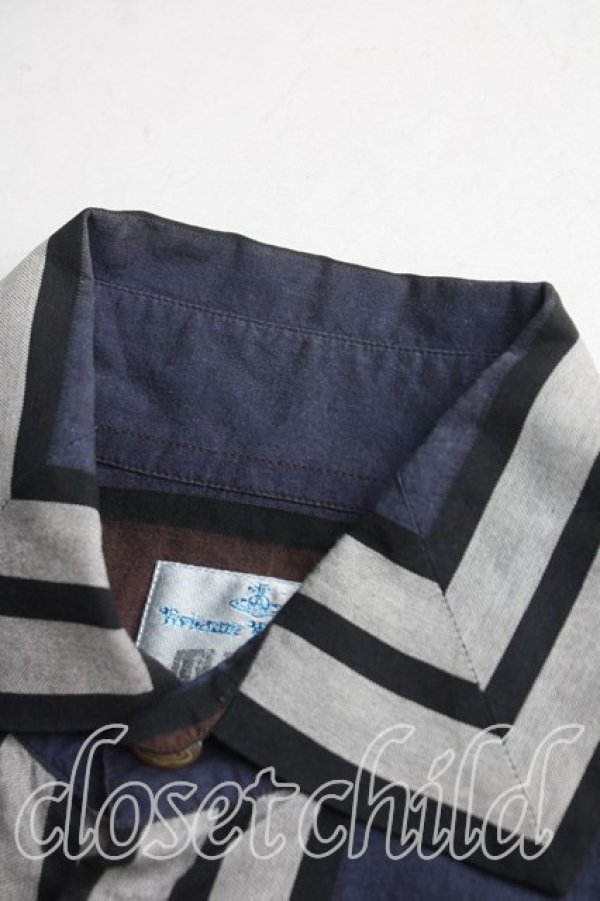 画像6: ヴィヴィアンウエストウッド MAN 中古 / ストライプシャツ III(メンズL相当） 茶ｘ紺  H-25-12-07-012-bl-OD-ZH (6)