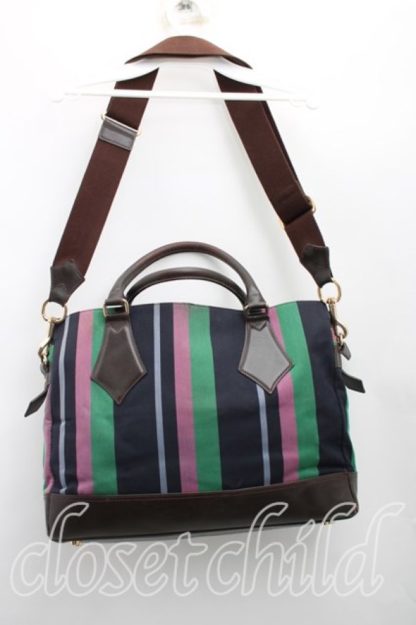 画像2: ヴィヴィアンウエストウッド 中古 / ストライプハンドバッグ  紺ｘピンクｘ緑  H-25-12-14-041-ba-OD-ZH (2)