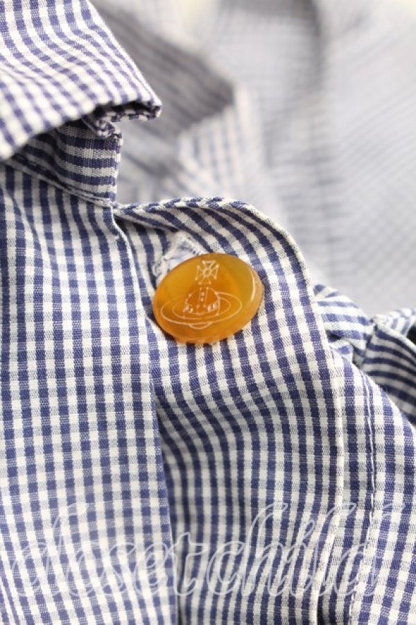 画像6: 【Vintage放出】ヴィヴィアンウエストウッド 中古 / ギンガムチェックプリーツシャツ I(7号相当) 紺  H-25-12-20-016-bl-IN-ZH (6)