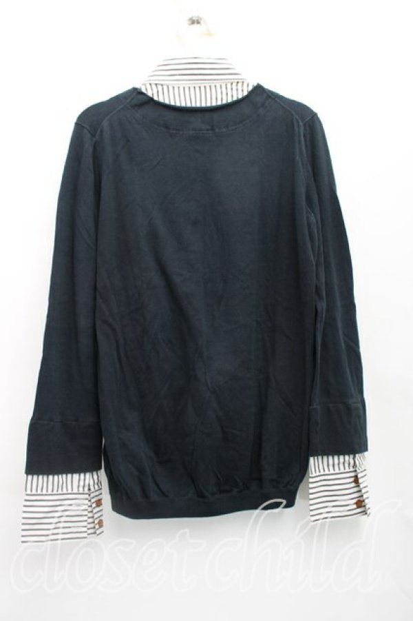 画像2: ヴィヴィアンウエストウッド 中古 / 重ネ着風ストライプシャツ 3（11号相当） 紺  H-25-12-28-025-bl-OD-ZH (2)