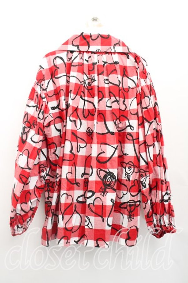 画像2: ヴィヴィアンウエストウッド 中古 / スクリブルハートスモッグシャツ 00(ワンサイズ) 赤  H-26-01-11-041-bl-IN-ZH (2)