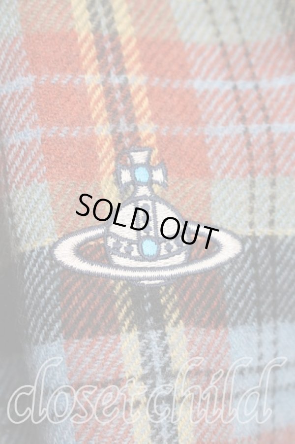 画像2: ヴィヴィアンウエストウッド 中古 / オーブ刺繍タータンチェックウールマフラー  青  H-26-01-11-134-gd-IN-ZH (2)