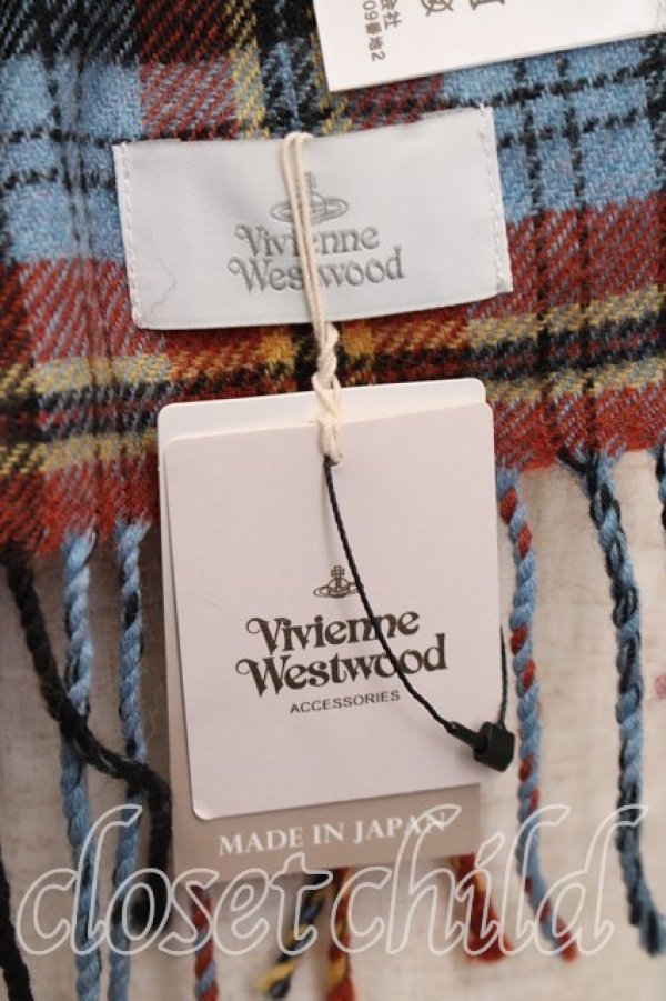 画像3: ヴィヴィアンウエストウッド 中古 / オーブ刺繍タータンチェックウールマフラー  青  H-26-01-11-134-gd-IN-ZH (3)