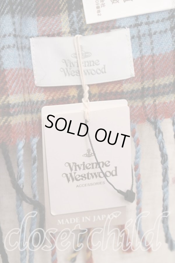 画像3: ヴィヴィアンウエストウッド 中古 / オーブ刺繍タータンチェックウールマフラー  青  H-26-01-11-134-gd-IN-ZH (3)