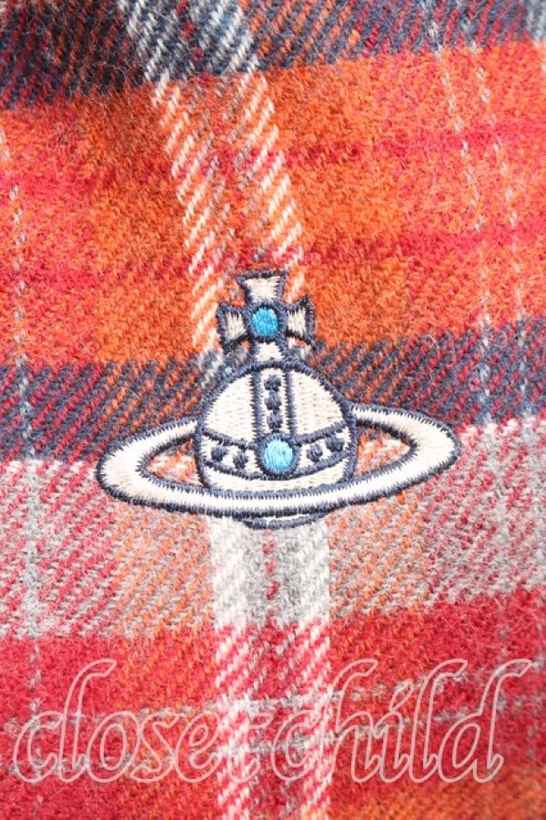 画像2: ヴィヴィアンウエストウッド 中古 / オーブ刺繍タータンチェックウールマフラー  赤  H-26-01-11-135-gd-IN-ZH (2)