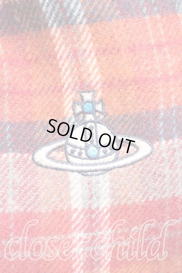 画像2: ヴィヴィアンウエストウッド 中古 / オーブ刺繍タータンチェックウールマフラー  赤  H-26-01-11-135-gd-IN-ZH (2)