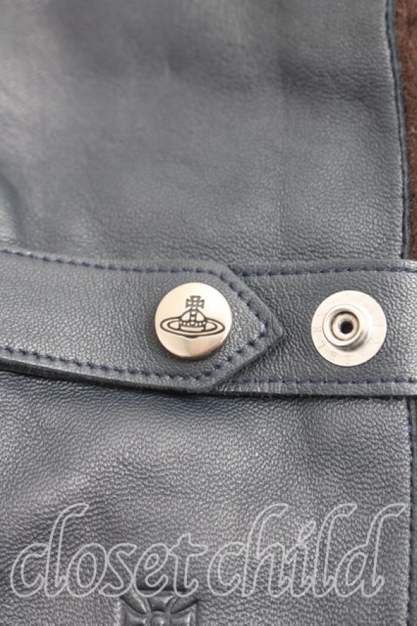 画像2: ヴィヴィアンウエストウッド 中古 / レザー切替ウールグローブ  茶×紺  H-26-01-11-148-gd-IN-ZH (2)