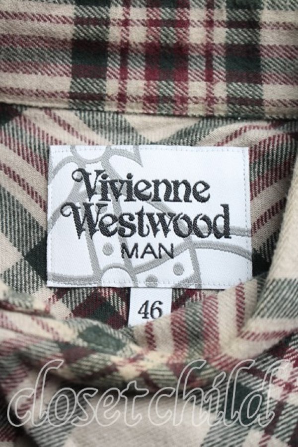 画像3: ヴィヴィアンウエストウッド MAN 中古 / アシメカラーネルシャツ 46（メンズM相当） 緑ｘベージュ  H-26-01-18-021-bl-OD-ZH (3)
