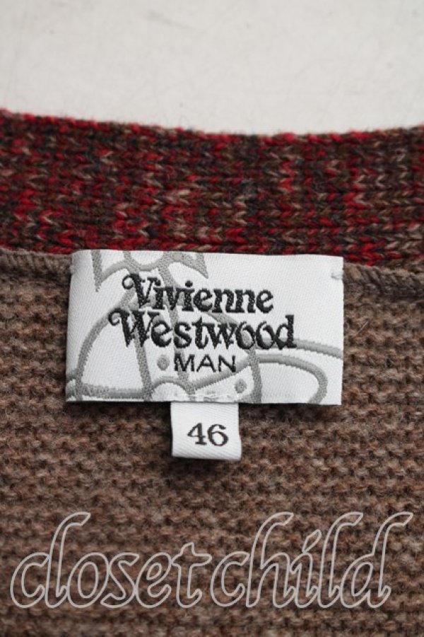 画像3: ヴィヴィアンウエストウッド MAN 中古 / オーブ刺繍ボーダーカーディガン 46（メンズM相当） 赤ｘ茶  H-26-04-05-042-to-OD-ZH (3)