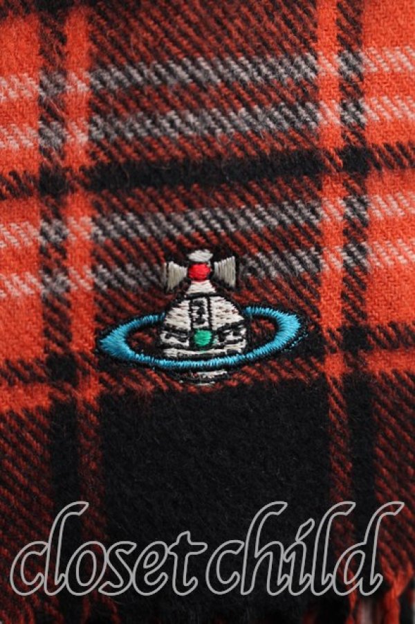 画像2: ヴィヴィアンウエストウッド 中古 / タータンチェックマフラー  オレンジ×黒  H-26-05-10-041-gd-OD-ZH (2)