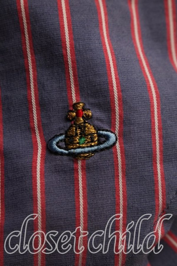 画像6: ヴィヴィアンウエストウッド 中古 / カラーオーブ刺繍ストライプシャツ I(7号相当） 紺  H-26-09-27-008-bl-OD-ZH (6)