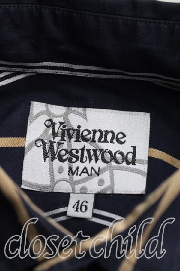 画像3: ヴィヴィアンウエストウッド MAN 中古 / オーブ刺繍ストライプシャツ 46（メンズM相当） 紺ｘ白ｘ黄色  H-26-10-11-023-bl-OD-ZH (3)