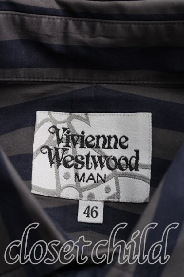 画像3: ヴィヴィアンウエストウッド MAN 中古 / オーブ刺繍ストライプシャツ 46（メンズM相当） 灰ｘ紺  H-26-10-11-029-bl-OD-ZH (3)