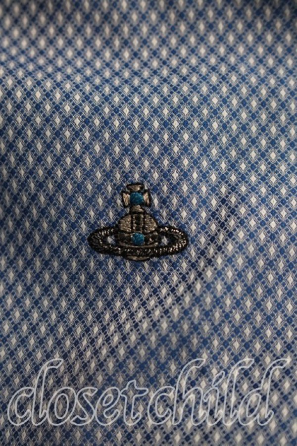 画像5: ヴィヴィアンウエストウッド MAN 中古 / オーブ刺繍ダイヤ柄シャツ 46（メンズM相当） 青  H-26-10-18-024-bl-OD-ZH (5)