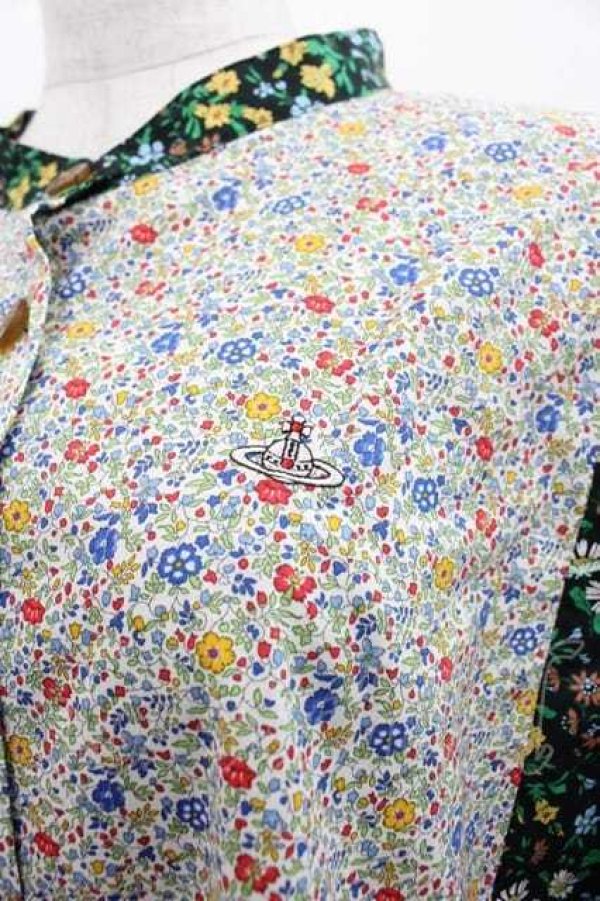 画像3: ヴィヴィアンウエストウッド 中古 / 小花柄切替チュニックブラウス 00 黒Ｘ緑Ｘ青  I-25-11-19-003-bl-HD-ZI (3)
