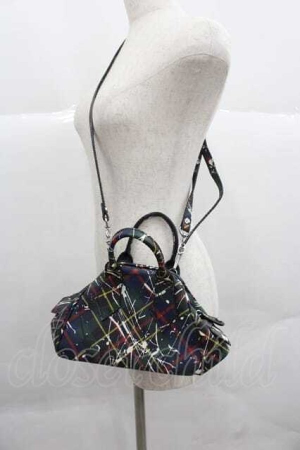 画像4: ヴィヴィアンウエストウッド 中古 / ペイントチェックヤスミンバッグ  グリーンＸネイビー  I-25-12-10-032-ba-HD-ZI (4)