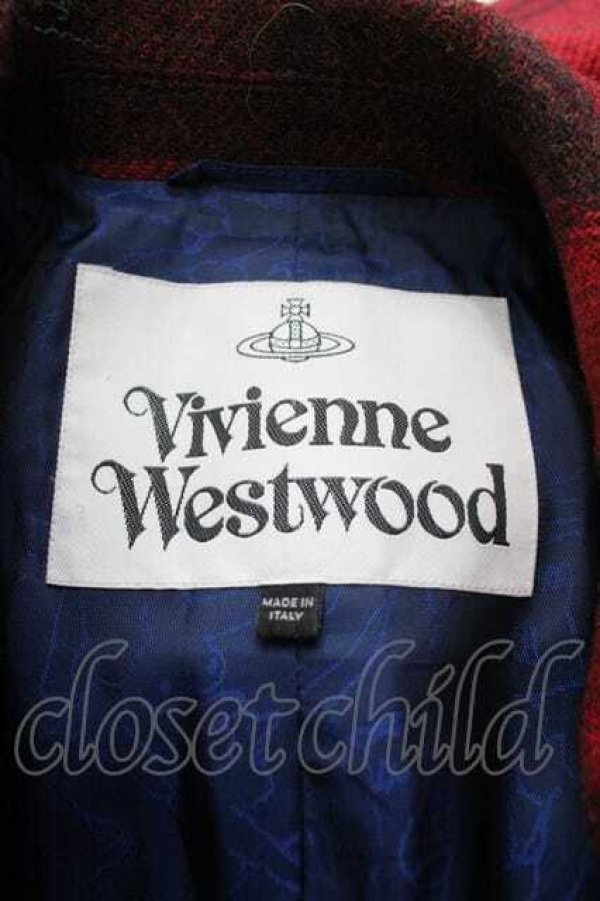 画像4: ヴィヴィアンウエストウッド 中古 / HARRIS TWEEDタグタータンチェックコート 46 赤Ｘ黒チェック  I-26-02-25-024-co-HD-ZI (4)