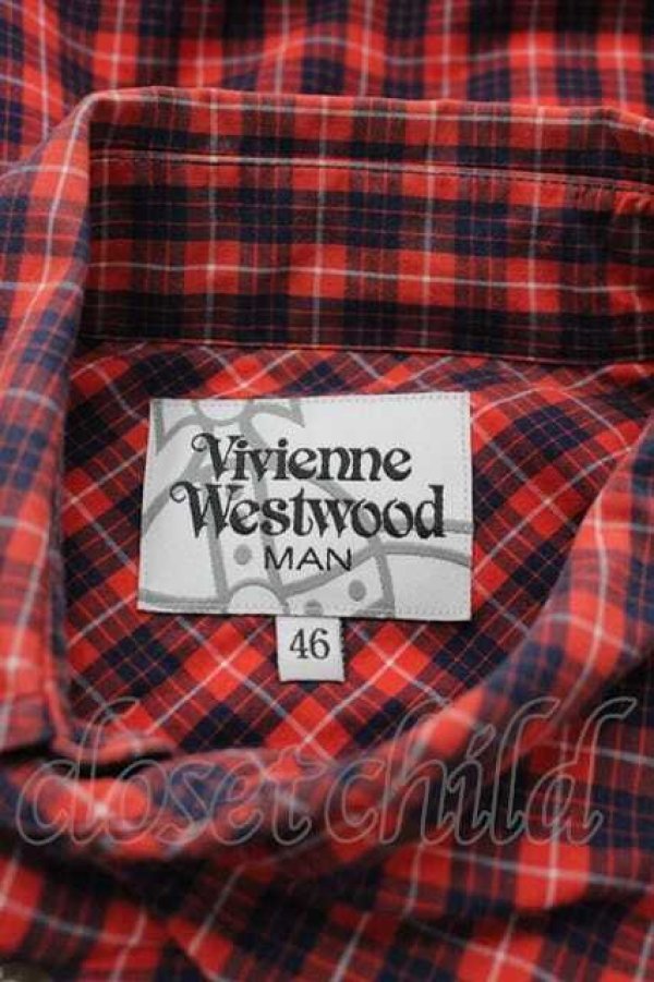 画像4: ヴィヴィアンウエストウッド MAN 中古 / オーブ刺繍チェック半袖シャツ 46 赤Ｘ紺チェック  I-26-02-25-002-bl-HD-ZI (4)